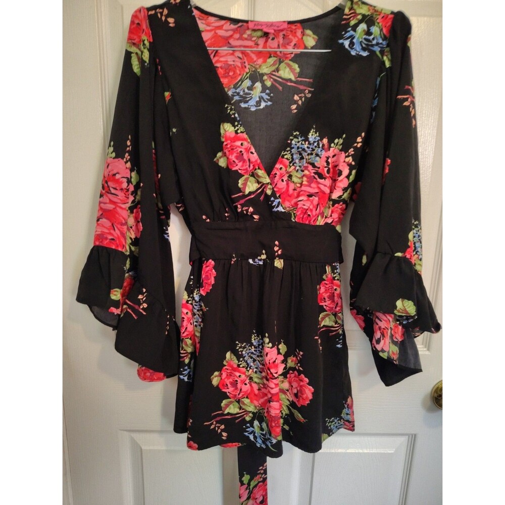 Betsey Johnson Black Floral V-Neck Bell Sleeve Romper Chiffon Belted Tie L